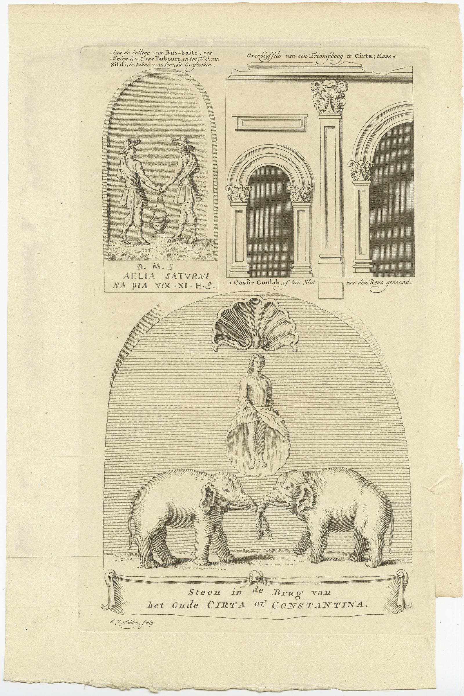 Antique print titled 'Steen in de brug van het oude Cirta (..)'. 

Old print depicting a stone with elephants from the bridge of Cirta/Constantine. Also depicts other architectural elements of Cirta. Originates from the first Dutch editon of an