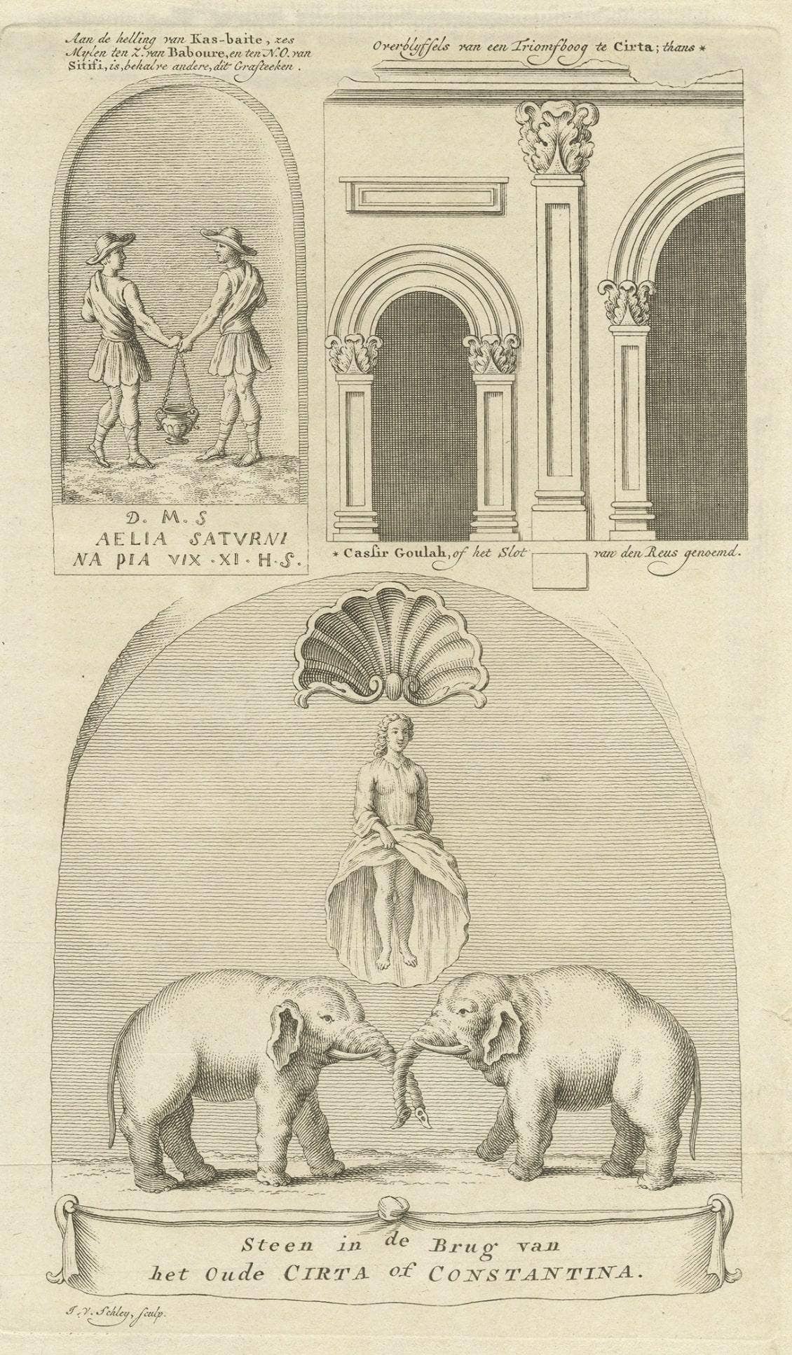 Old Print of Stone with Elephants from the Bridge of Constantine, Algeria, 1773