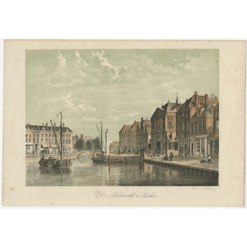 Antique print titled 'De Aalmarkt te Leiden'. View of the 'Aalmarkt', a street in the city of Leiden, the Netherlands.

Artists and Engravers: Published by C.W. Mieling. 

Condition: Good, general age-related toning. Minor wear, blank verso.