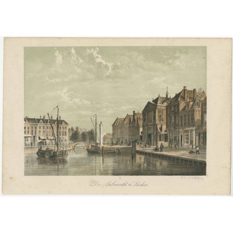 Old Print of the 'Aalmarkt' of Leiden, University City in the Netherlands, 1860