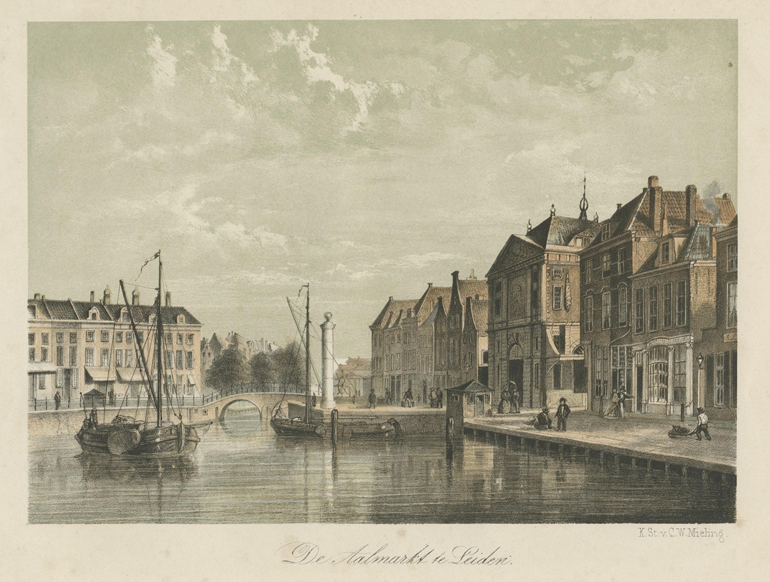 Old Print of the 'Aalmarkt' of Leiden, University City in the Netherlands, 1860 In Good Condition For Sale In Langweer, NL