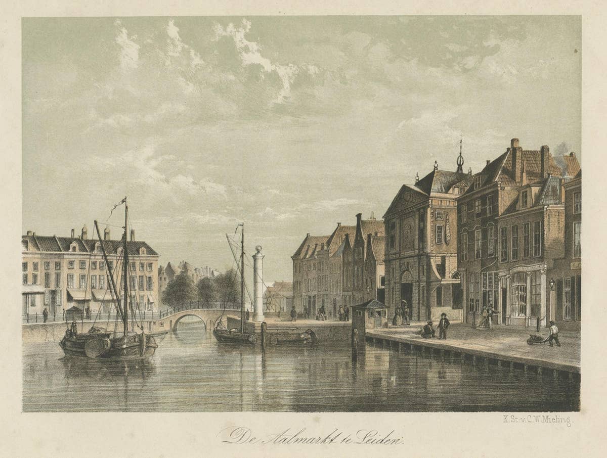 Old Print of the 'Aalmarkt' of Leiden, University City in the Netherlands, 1860