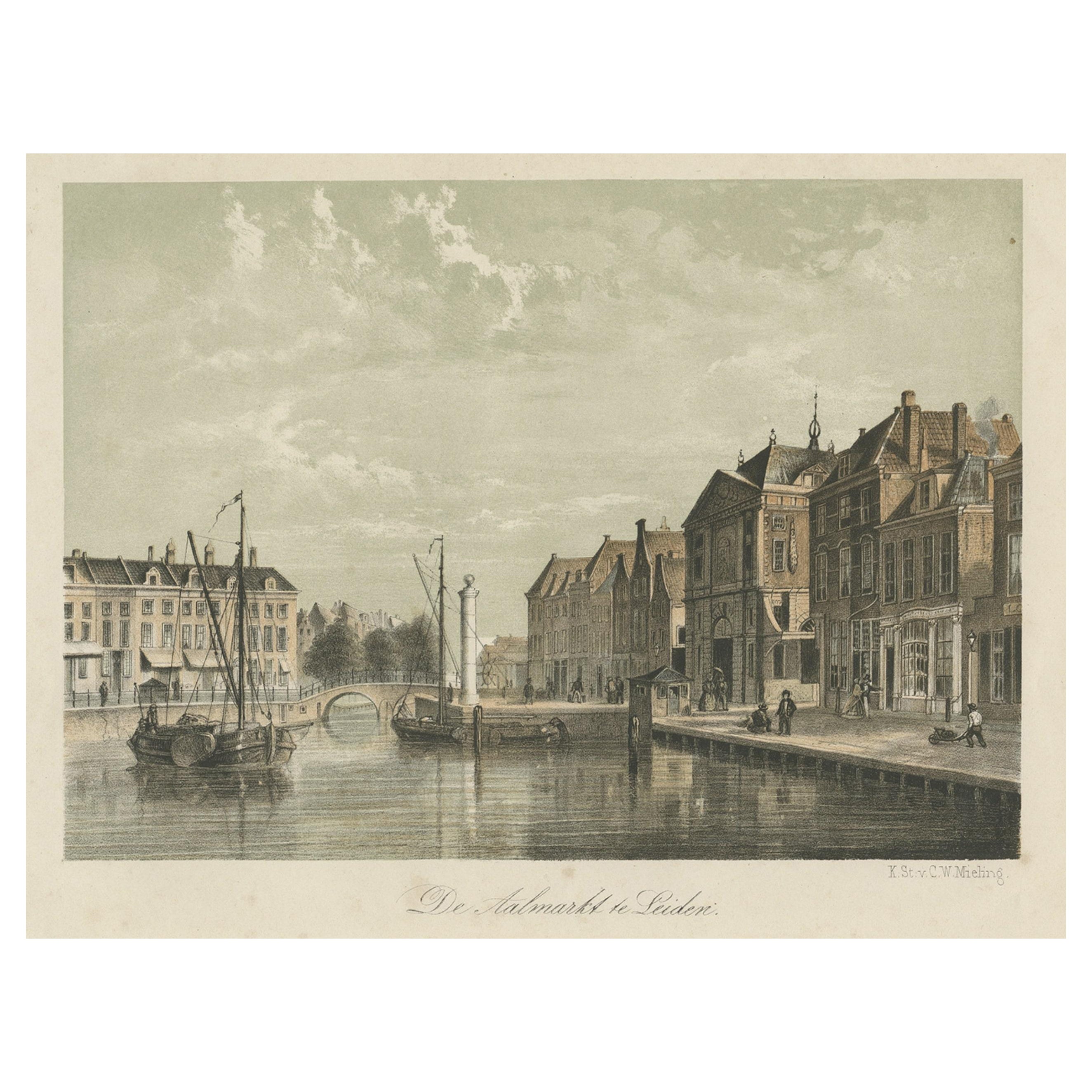 Ancienne estampe de l'« Almarkt » de Leiden, ville universitaire des Pays-Bas, 1860