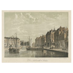 Ancienne estampe de l'« Almarkt » de Leiden, ville universitaire des Pays-Bas, 1860
