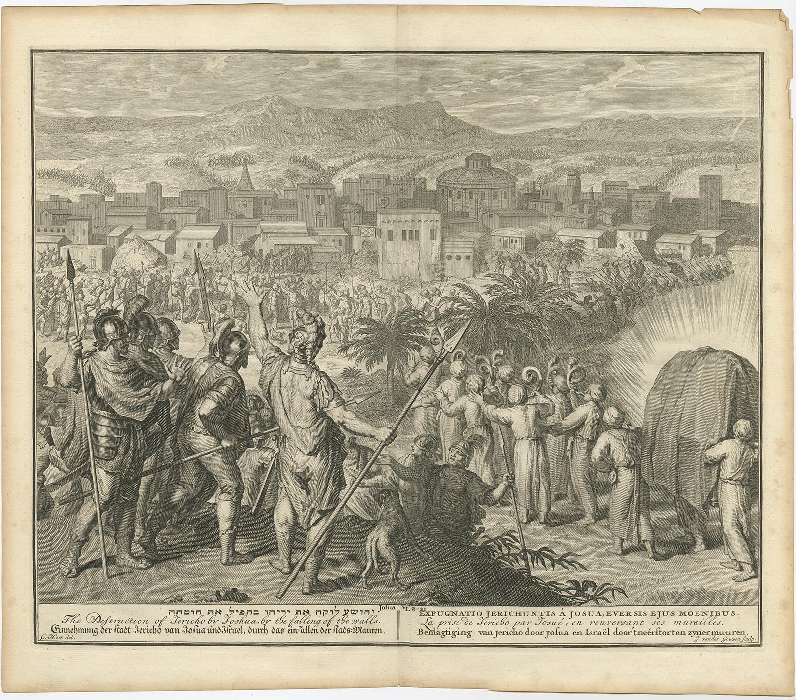 Antique print titled 'The Destruction of Jericho by Joshua, by the falling of the walls'. Battle of Jericho. In the narrative of the conquest of Canaan in the Book of Joshua, the Battle of Jericho is the first battle that is described. According to