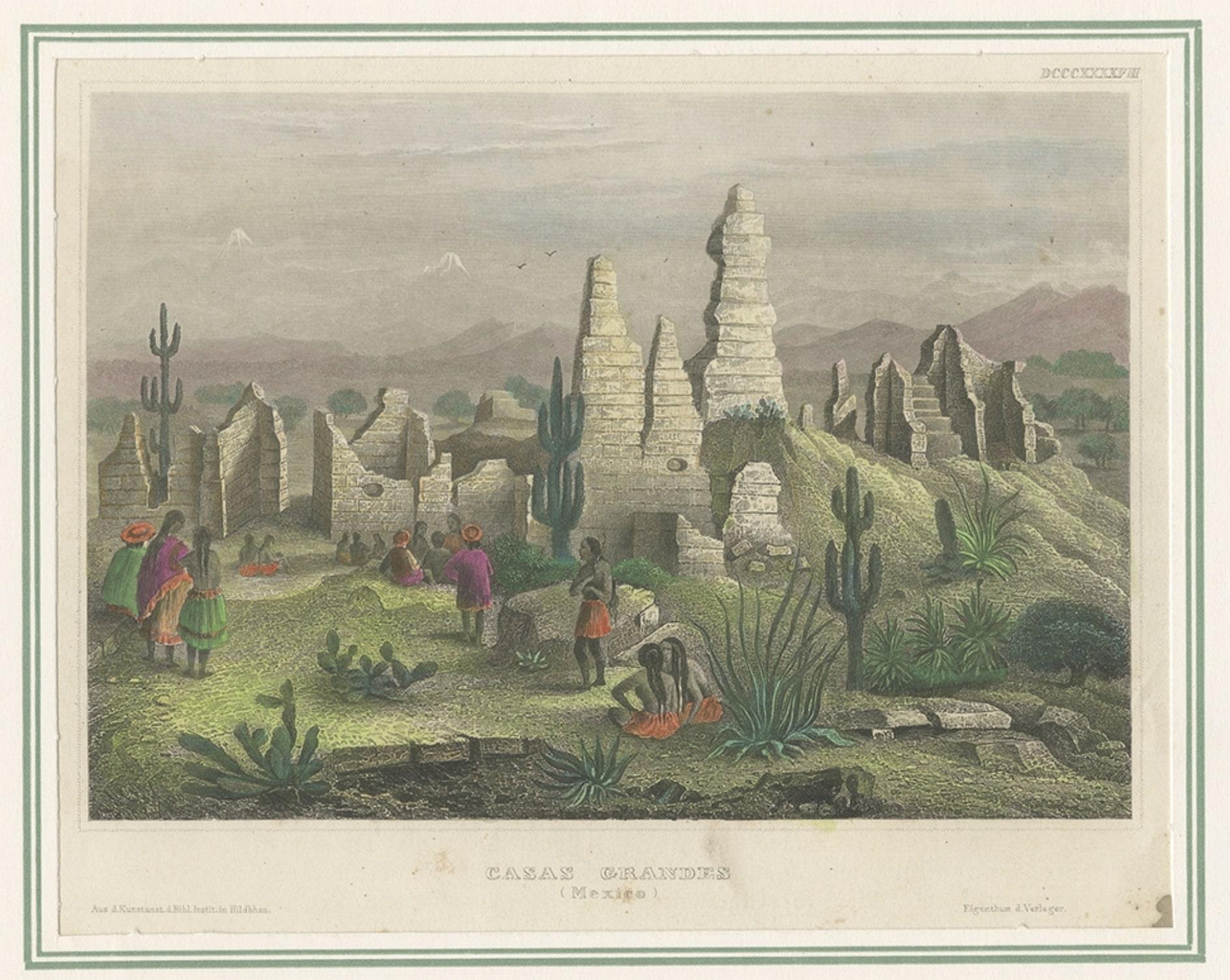 Mid-19th Century Old Print of the Cases Grandes in the Northern Mexican State Chihuahua, c.1860 For Sale