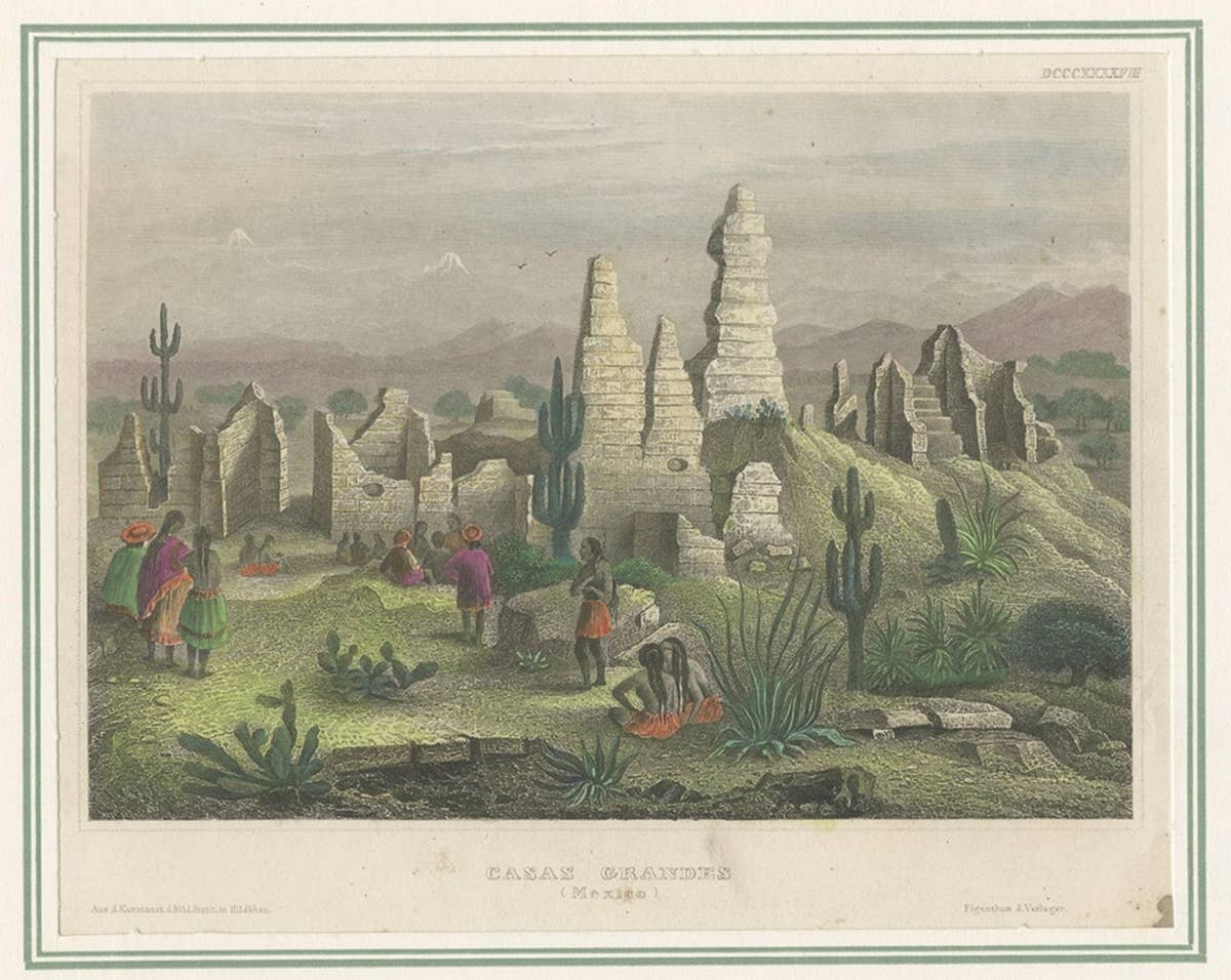 Old Print of the Cases Grandes in the Northern Mexican State Chihuahua, c.1860