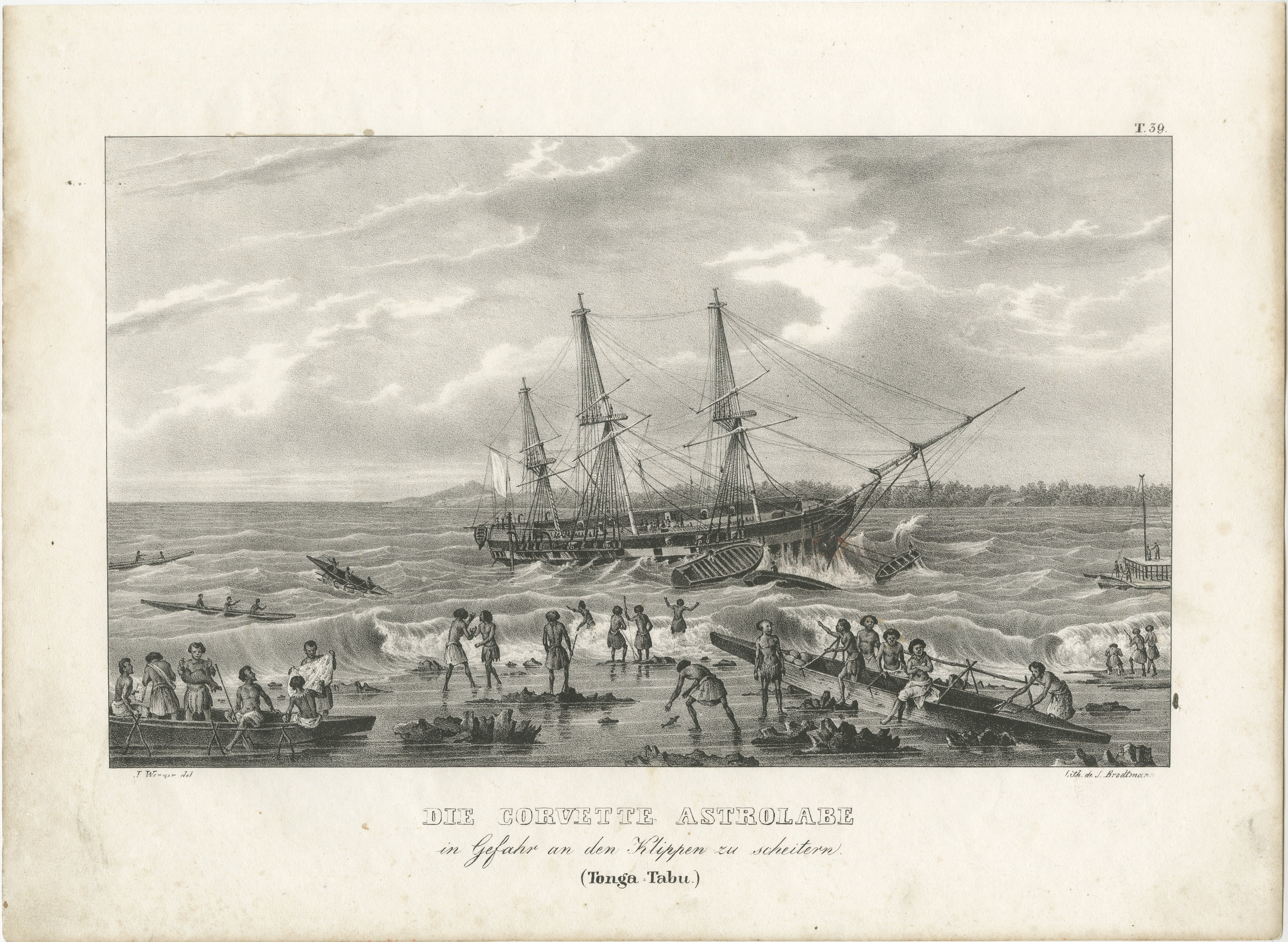 Titel: Die Korvette Astrolabium in Gefahr in der Nähe der Klippen, Tonga-Tabu  

Beschreibung: Diese eindrucksvolle Lithografie von ca. 1836 zeigt einen dramatischen Moment auf See während Dumont d'Urvilles berühmter Expedition an Bord der