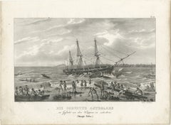 Ancienne gravure de The CIRCA en péril près des falaises, Tonga-Tabu, vers 1836