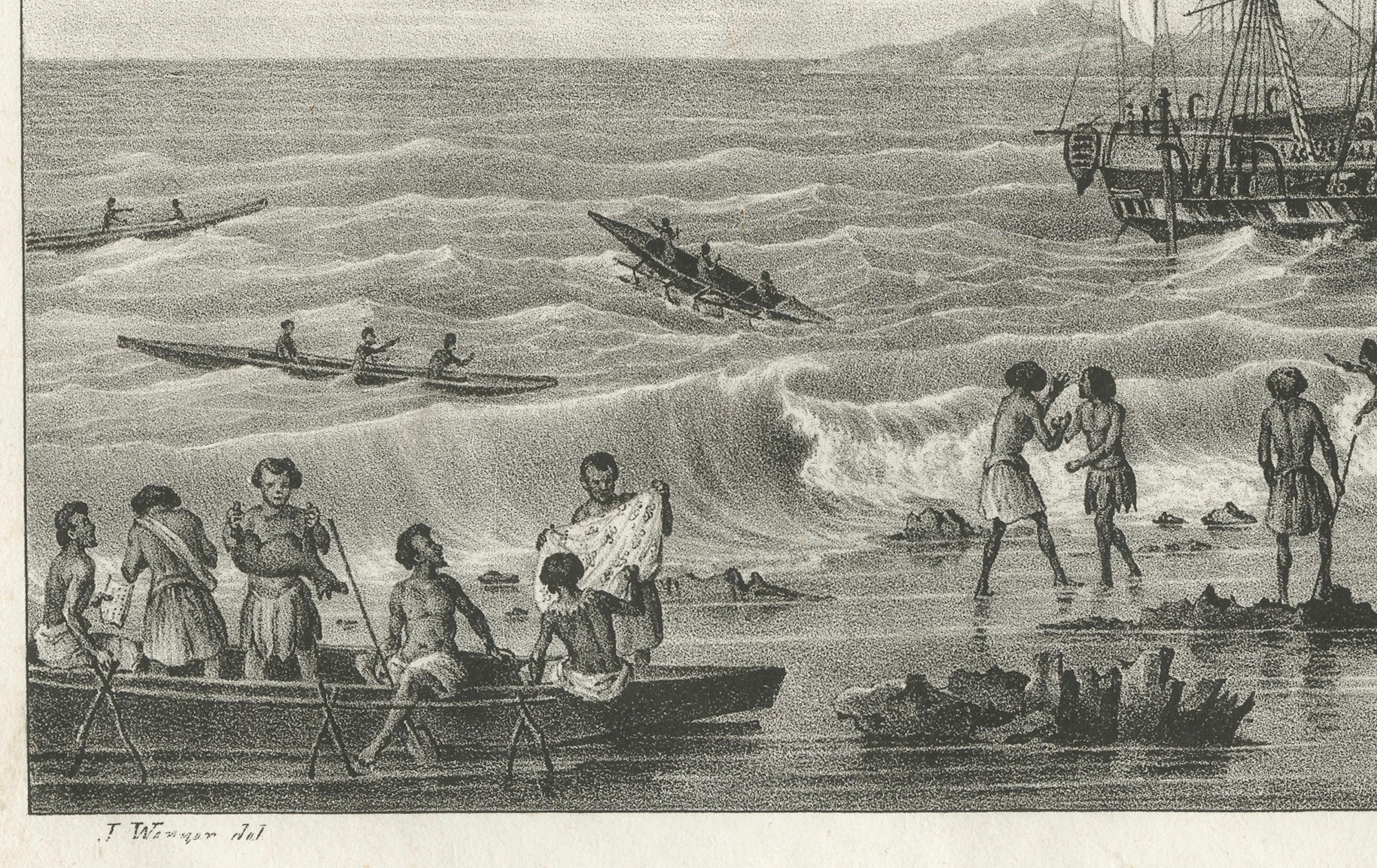Alter Druck von The Corvette Astrolabe in Peril Near Cliffs, Tonga-Tabu, um 1836 im Zustand „Gut“ im Angebot in Langweer, NL