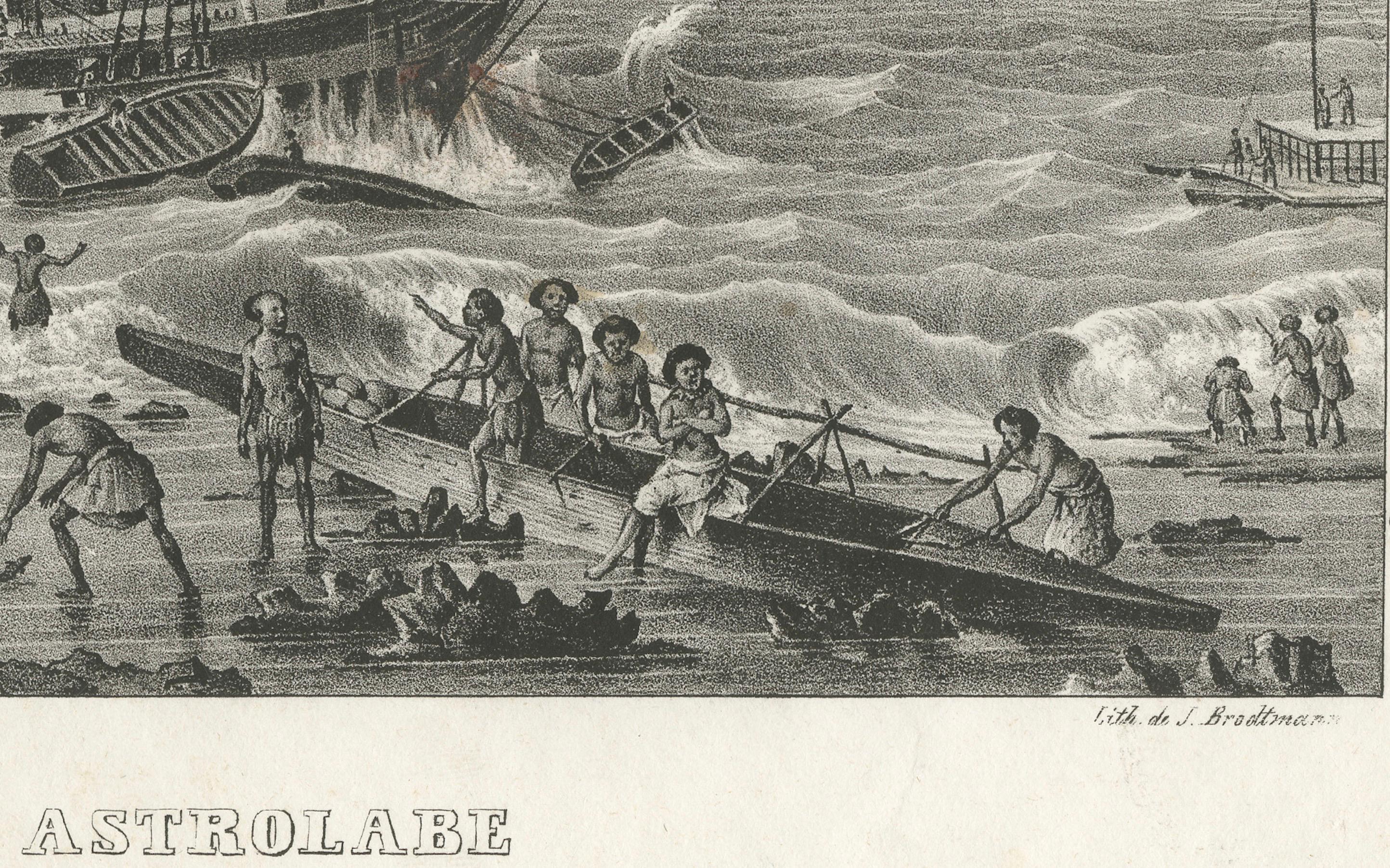Alter Druck von The Corvette Astrolabe in Peril Near Cliffs, Tonga-Tabu, um 1836 (Mittleres 19. Jahrhundert) im Angebot
