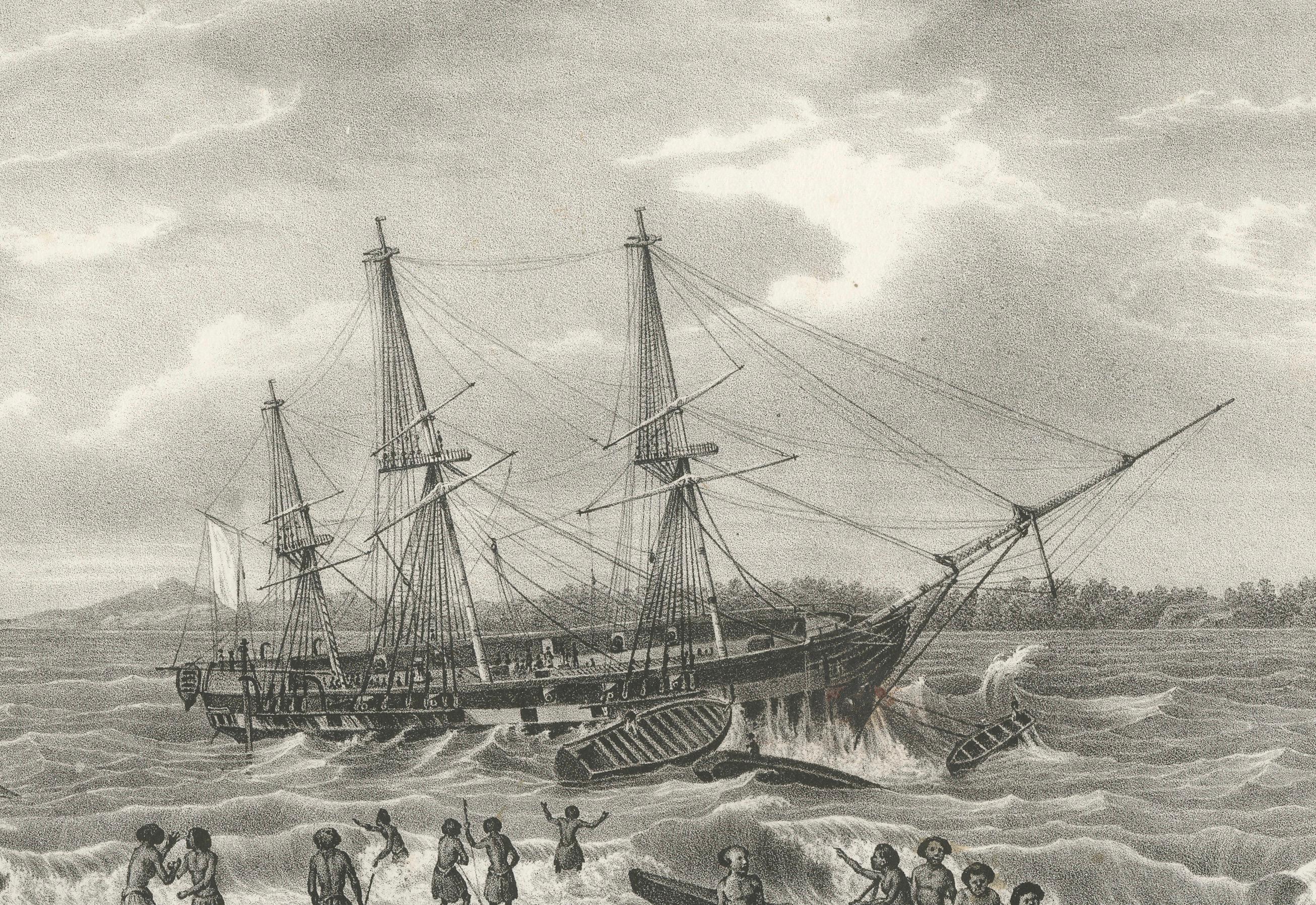 Alter Druck von The Corvette Astrolabe in Peril Near Cliffs, Tonga-Tabu, um 1836 (Papier) im Angebot