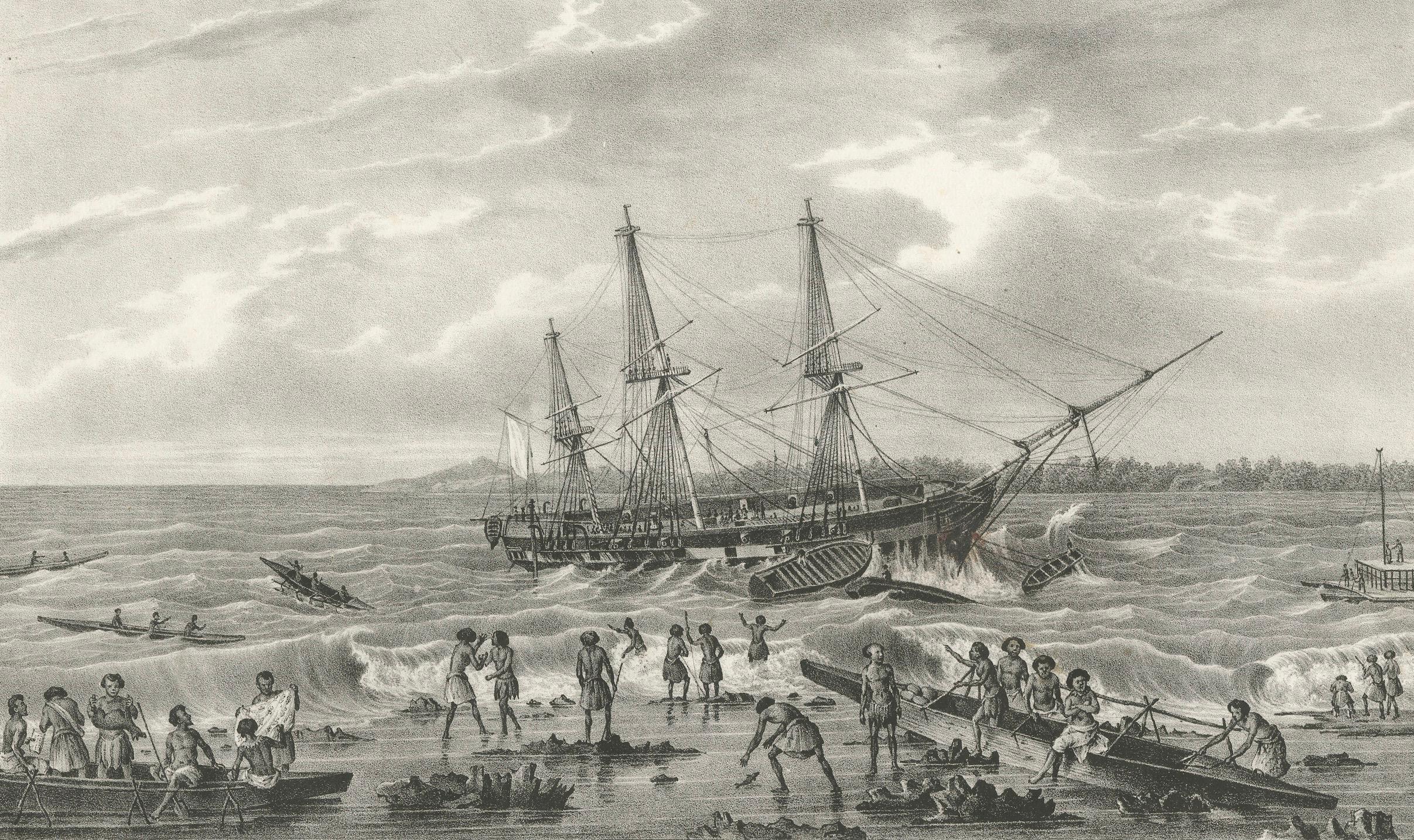 Alter Druck von The Corvette Astrolabe in Peril Near Cliffs, Tonga-Tabu, um 1836 im Angebot 1