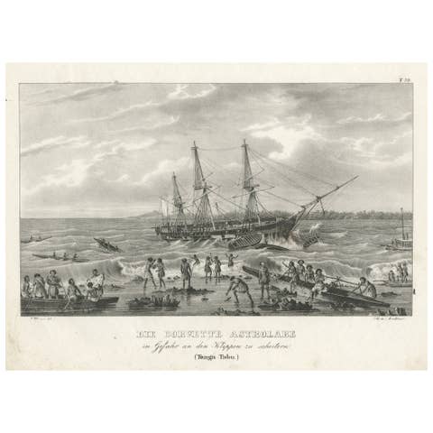 Old Print of The Corvette Astrolabe in Peril Near Cliffs, Tonga-Tabu, circa 1836
