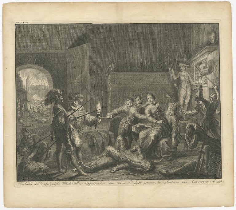 Old Print of the Cruelty of the Spaniards in Antwerp, Belgium '1576