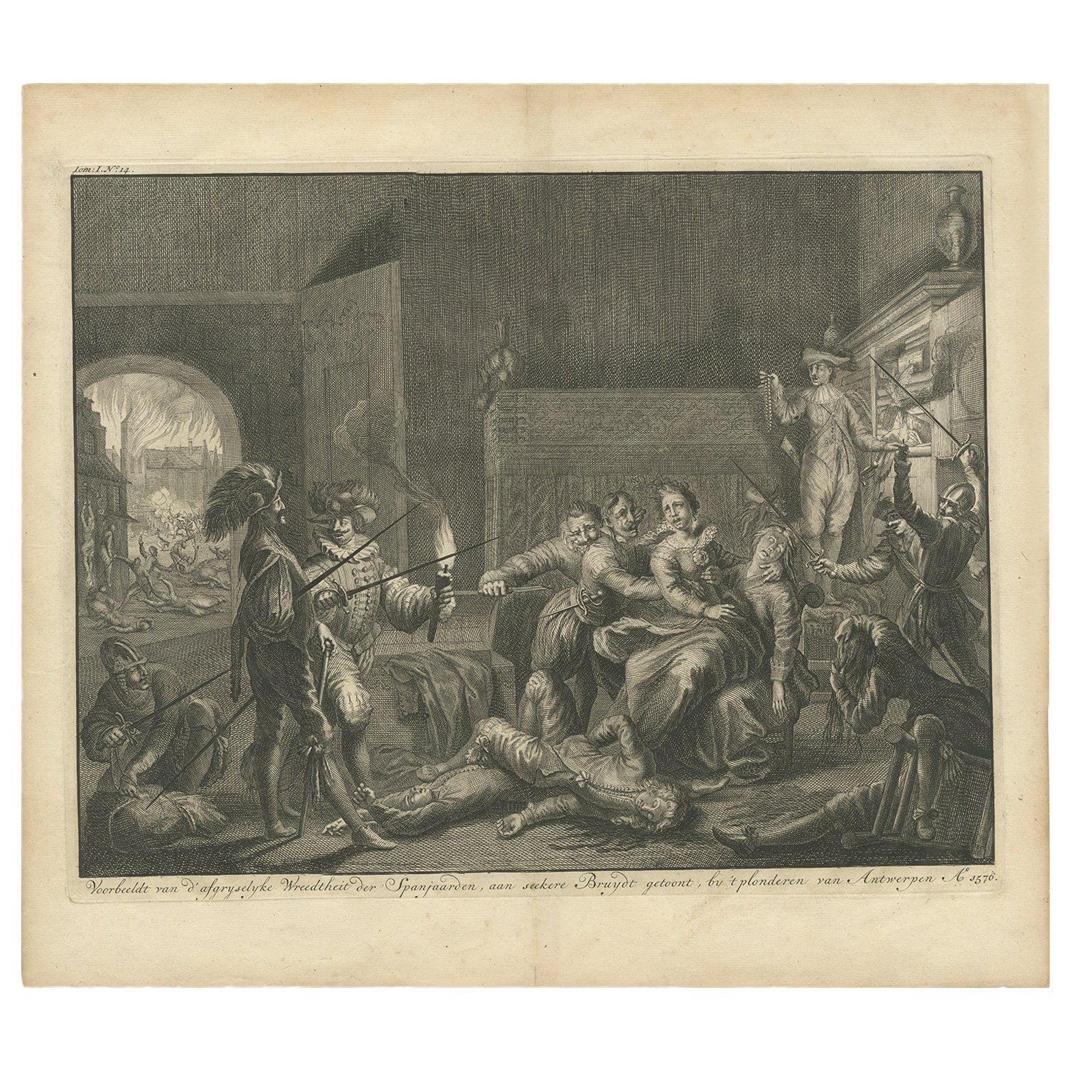 Old Print der Kreuzigung der Spanier in Antwerpen, Belgien, 1576, ca. 1730