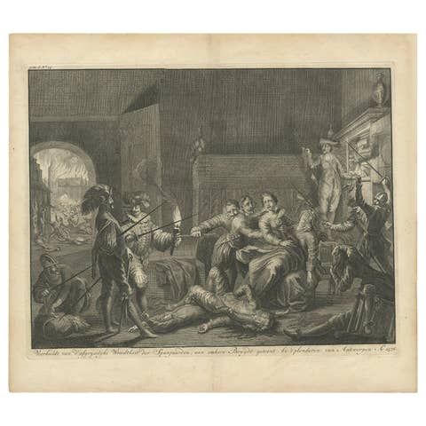 Old Print of the Cruelty of the Spaniards in Antwerp, Belgium '1576', ca.1730