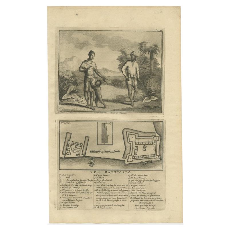 Antique print titled 't Fort Batticalo'. Old print depicting a Sinhalese man and woman and the Fort at Batticaloa, India. This print originates from 'Oud en Nieuw Oost-Indiën' by F. Valentijn.

Artists and Engravers: François Valentijn (1666-1727),