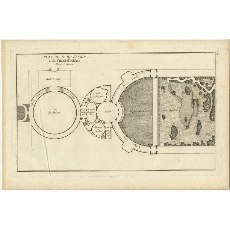 Antique print titled 'Plan idéal du Jardin et de l'Hotel d'Orléans'. Copper engraving of the garden design for a hotel. This print originates from 'Jardins Anglo-Chinois à la Mode' by Georg Louis le Rouge. Artists and Engravers: The work of Le Rouge