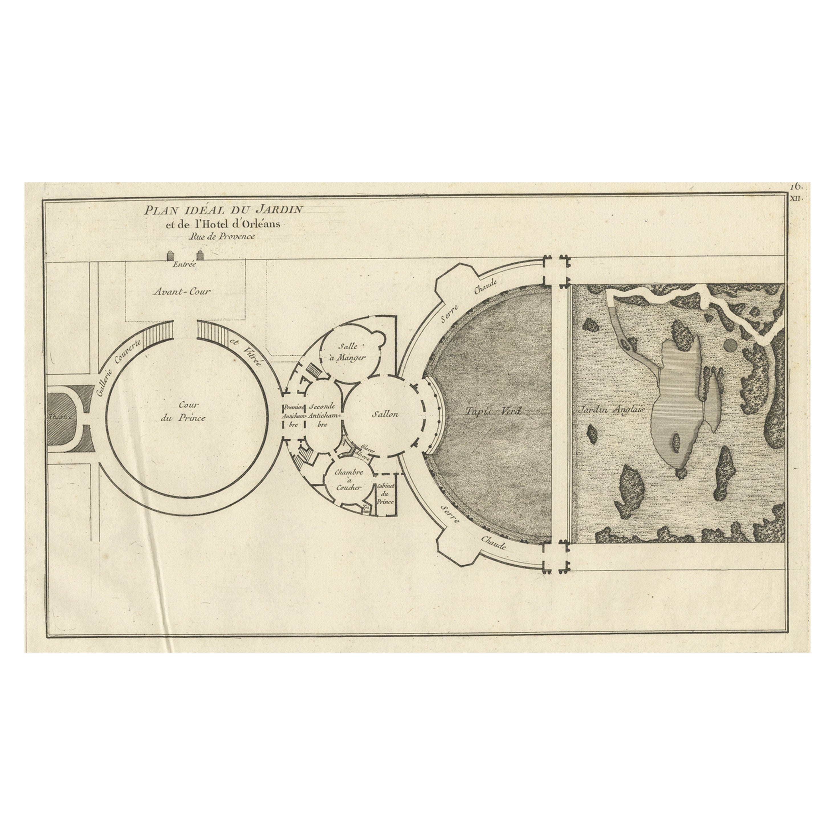 Gravure ancienne du jardin de l'hôtel de L'Orléans, rue de Provence, France, 1785 en vente