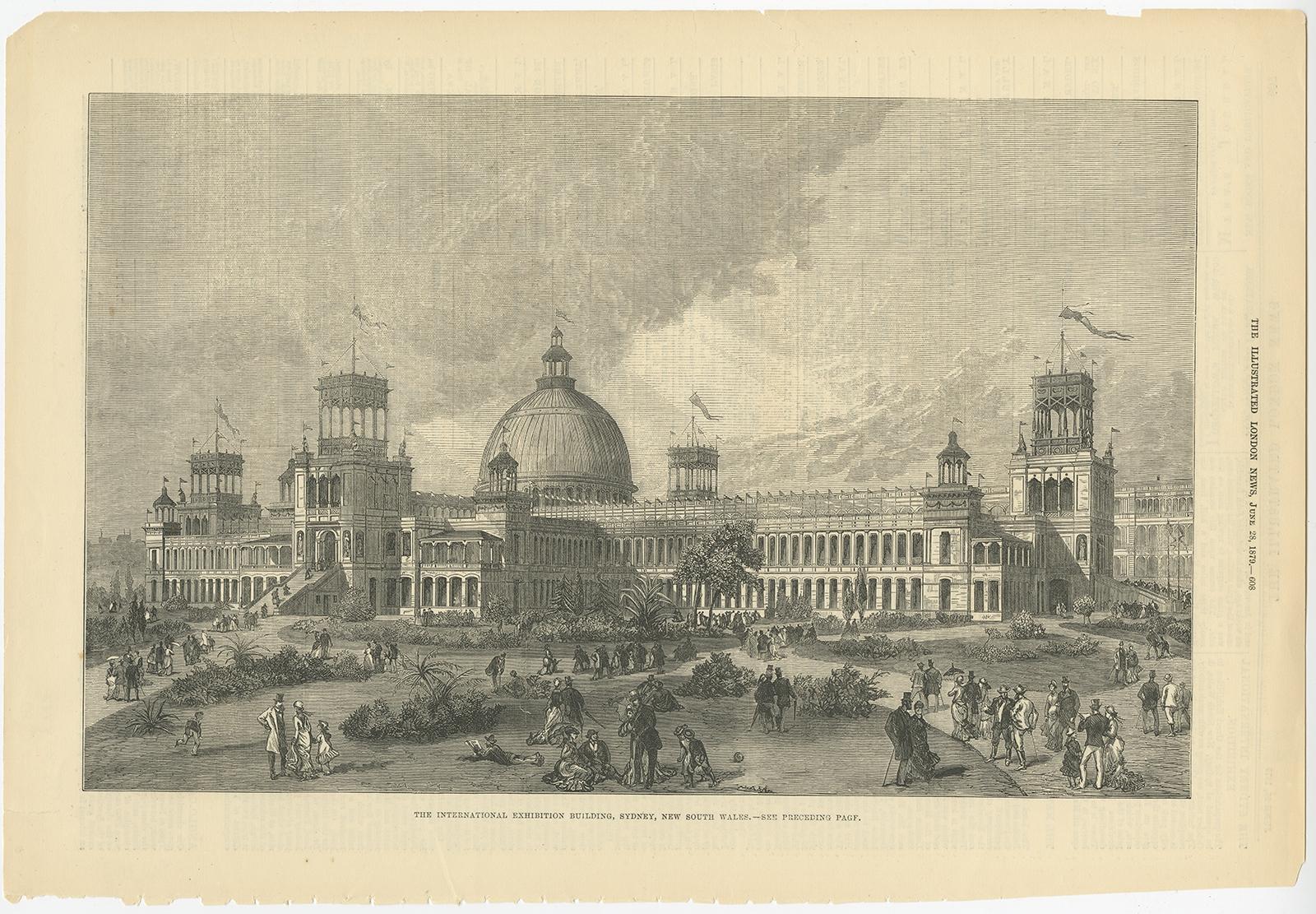Old Print of the International Exhibition Building in Sydney, Australia, 1879 In Good Condition For Sale In Langweer, NL