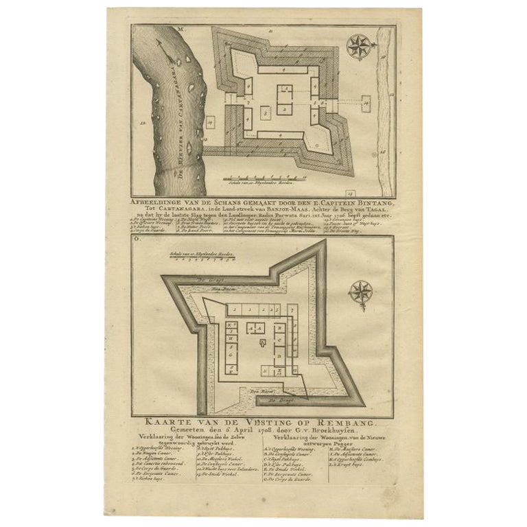 Ancienne estampe de la forteresse de Rembang du capitaine E. Bintang sur Java, Indonésie, 1726