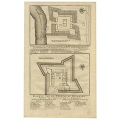 Ancienne estampe de la forteresse de Rembang du capitaine E. Bintang sur Java, Indonésie, 1726