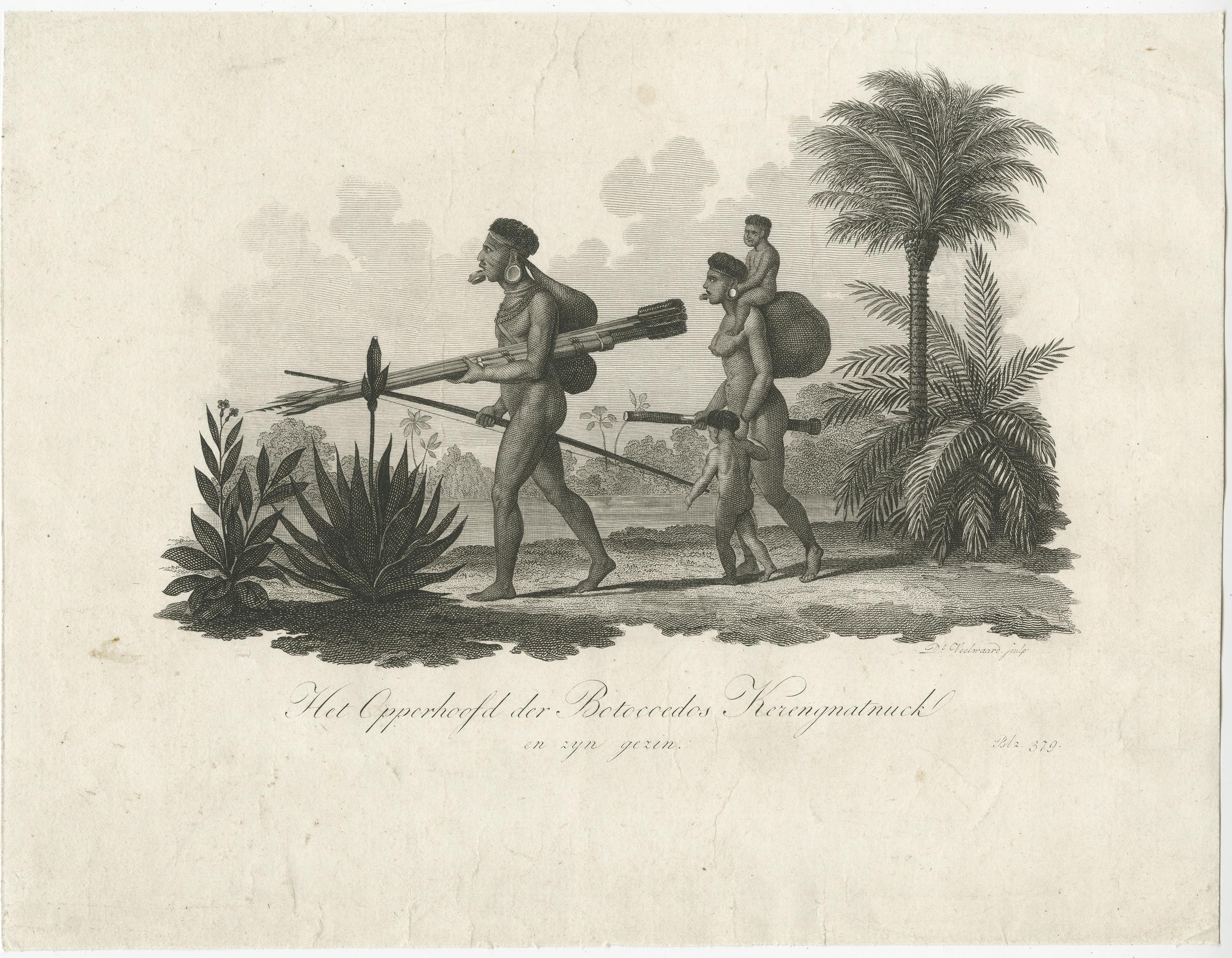 Antique print titled 'Het Opperhoofd der Botocoedos Kerengnatnuck en zyn gezin'. 

Original antique print of a Botocudo chief with his family. Botocudo are South American Indian people who lived in what is now the Brazilian state of Minas Gerais.