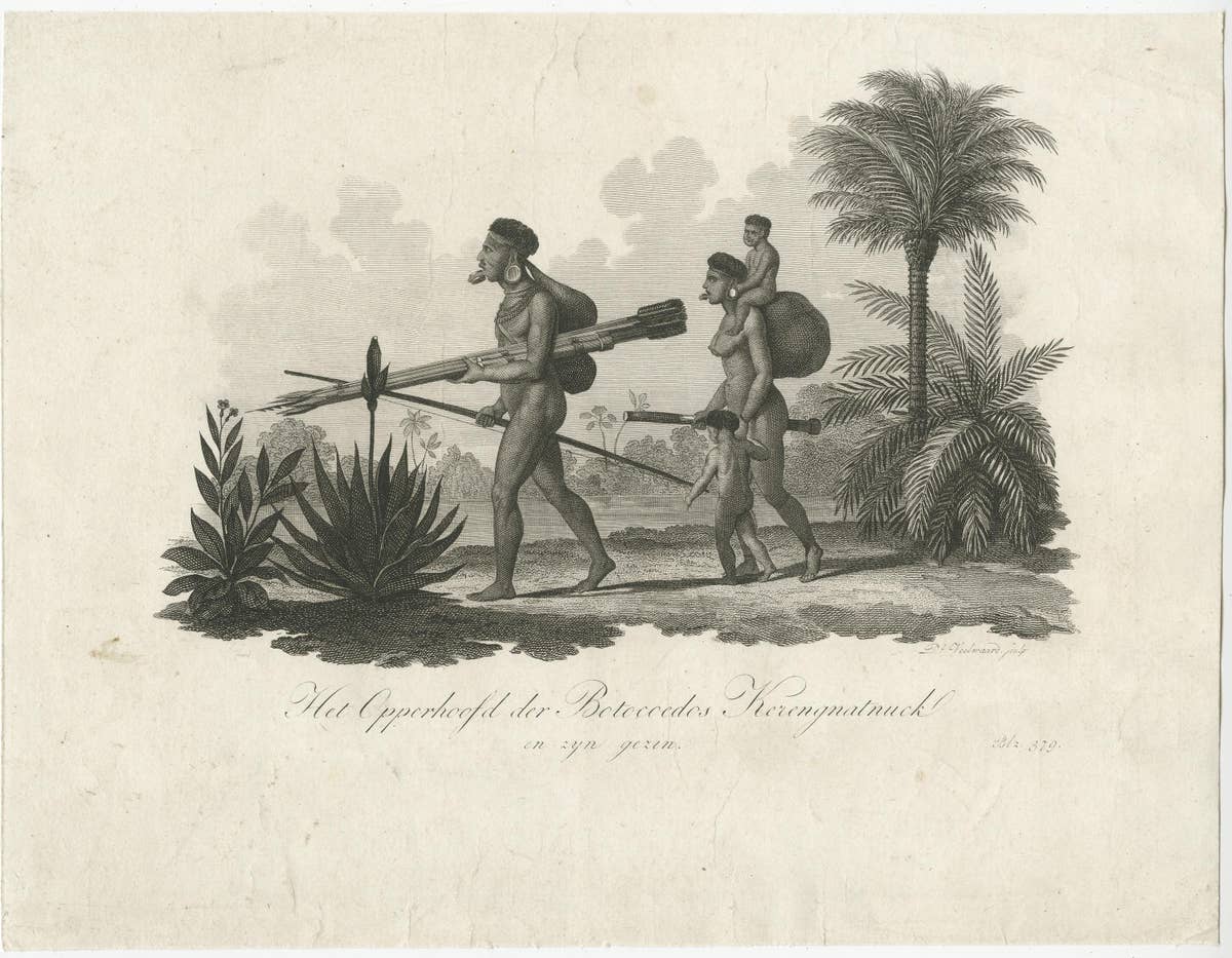 Old Print of The South American Botocudo Indian from Minas Gerais, Brasil, c1820