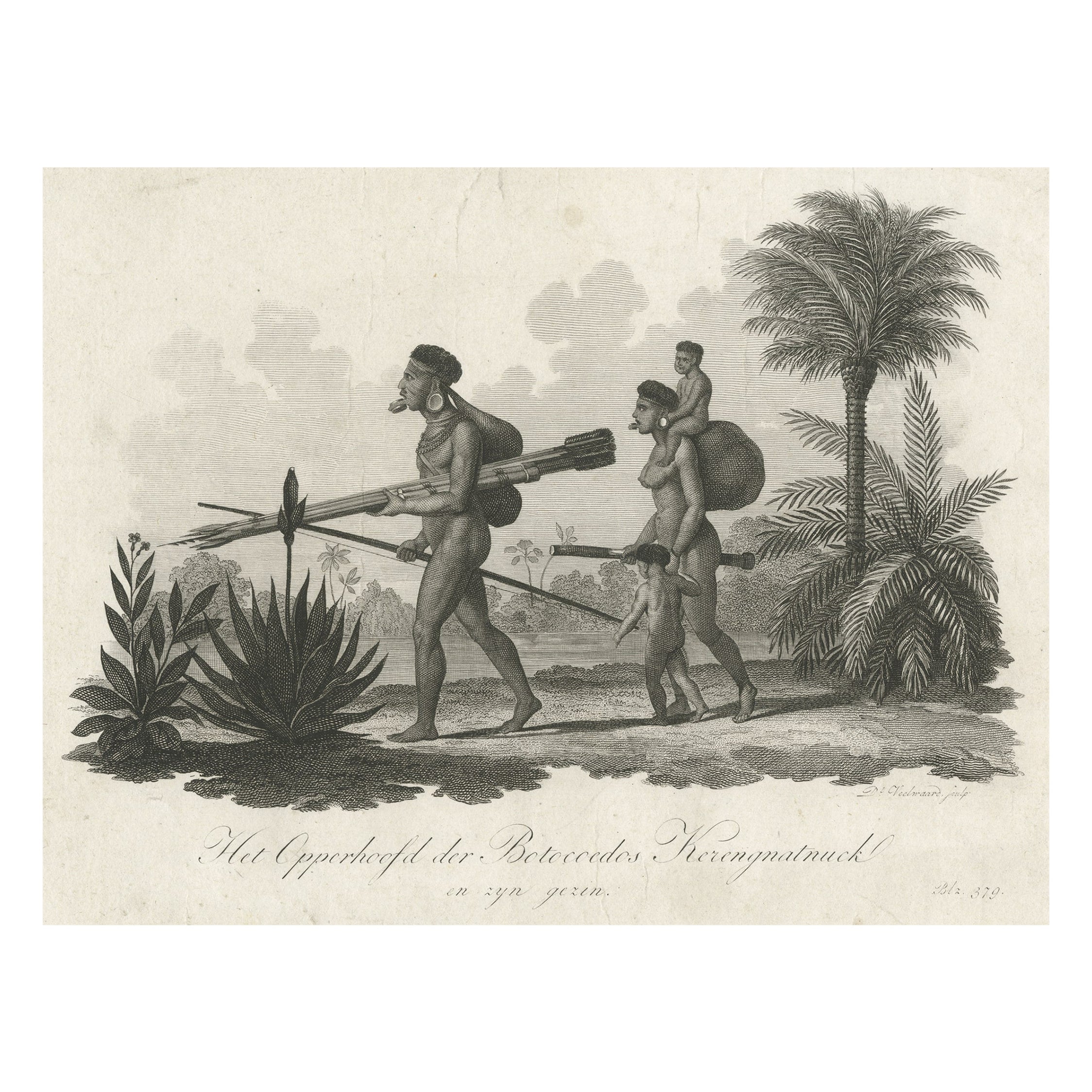 Ancienne estampe de l'Inde Botocudo d'Amérique du Sud depuis Minas Gerais, Brésil, vers 1820