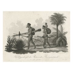 Ancienne estampe de l'Inde Botocudo d'Amérique du Sud depuis Minas Gerais, Brésil, vers 1820