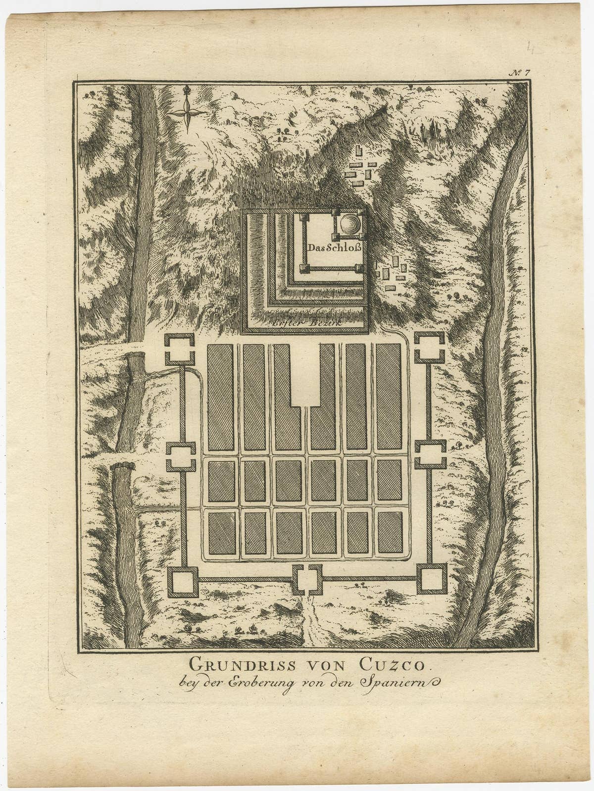 Old Print of the Spanish Conquest of Cusco or Cuzco, Capital of the Incas, c1750