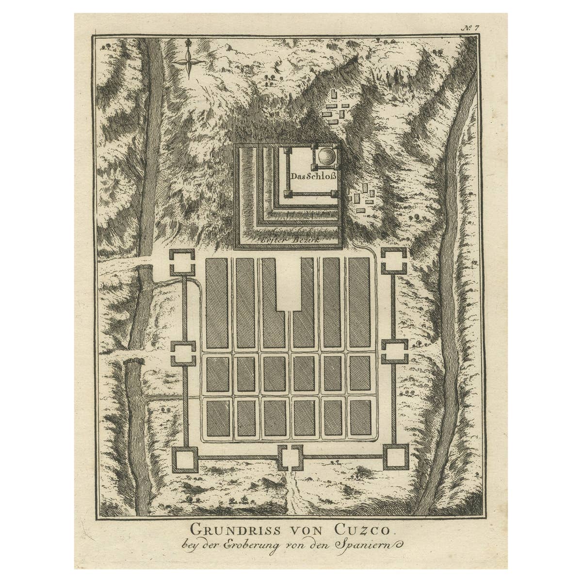 Old Print of the Spanish Conquest of Cusco or Cuzco, Capital of the Incas, c1750