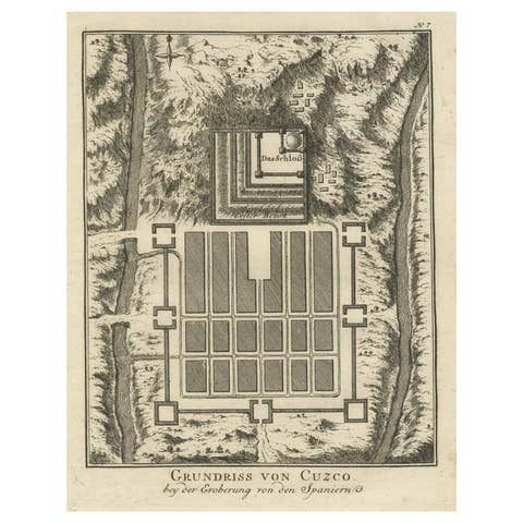 Old Print of the Spanish Conquest of Cusco or Cuzco, Capital of the Incas, c1750