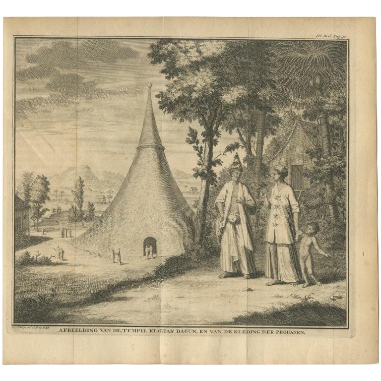 Altes Druck des Tempel Kiakiak Dagun und der Kostüme der Peguans, Indien, 1732