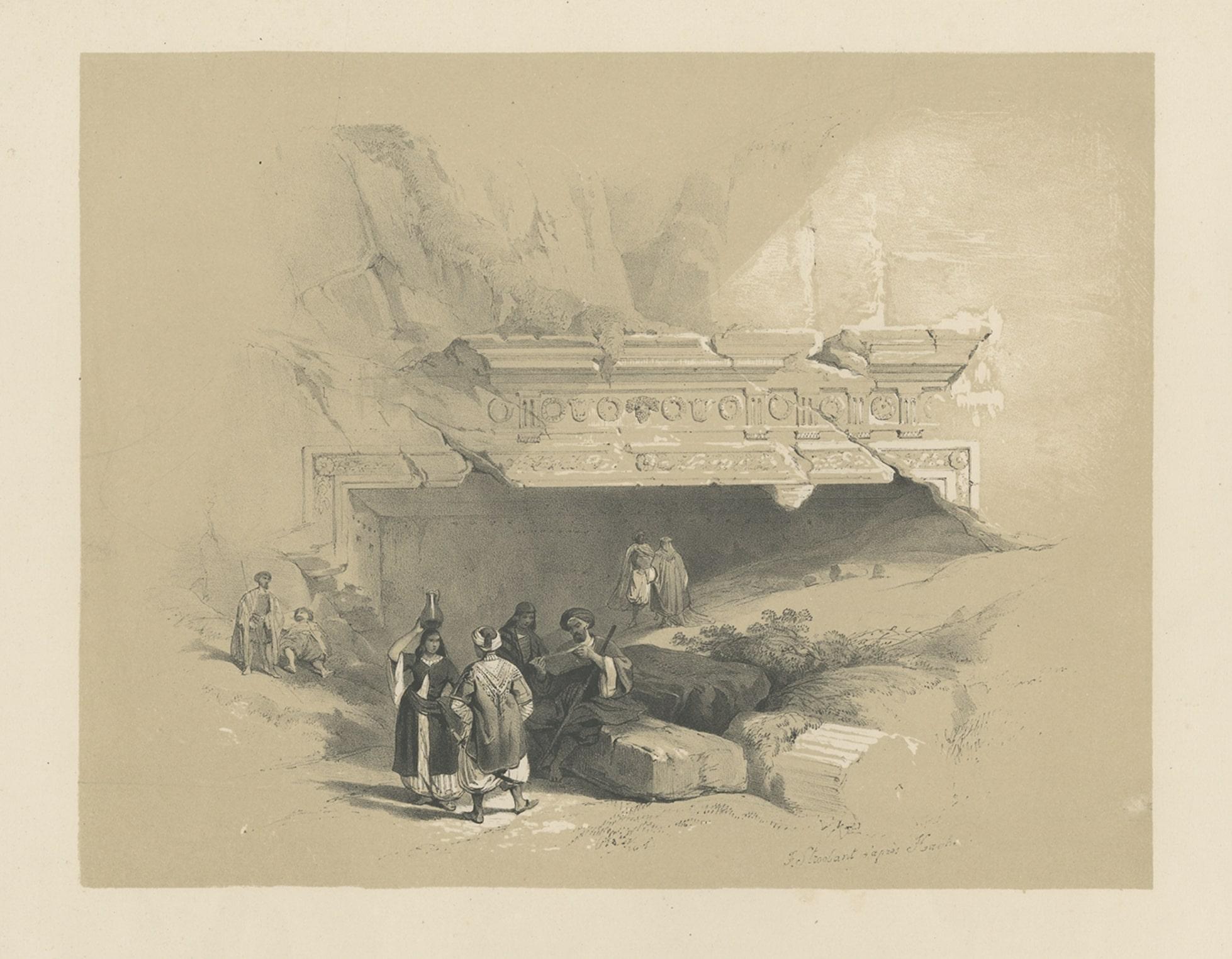 Antique print titled 'Entrée du Tombeau des Rois'. 

Old print of the Tombs of the Kings, Jerusalem. Made after the designs of the reknown David Roberts.

Artists and Engravers: Anonymous.