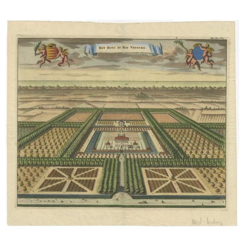 Grabado antiguo titulado 'Het Huys en Hof Vryburg'. Grabado en cobre de la finca de West-Souburg, Países Bajos. Este grabado procede de 
