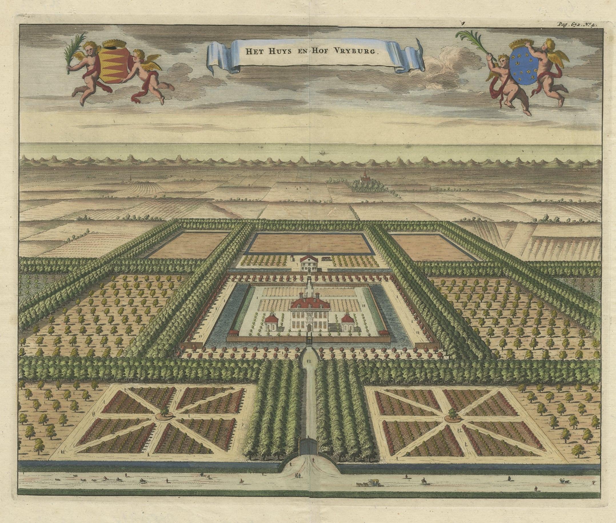Grabado antiguo de la finca West-Souburg, Vlissingen, en la provincia neerlandesa de Zelanda Papel en venta