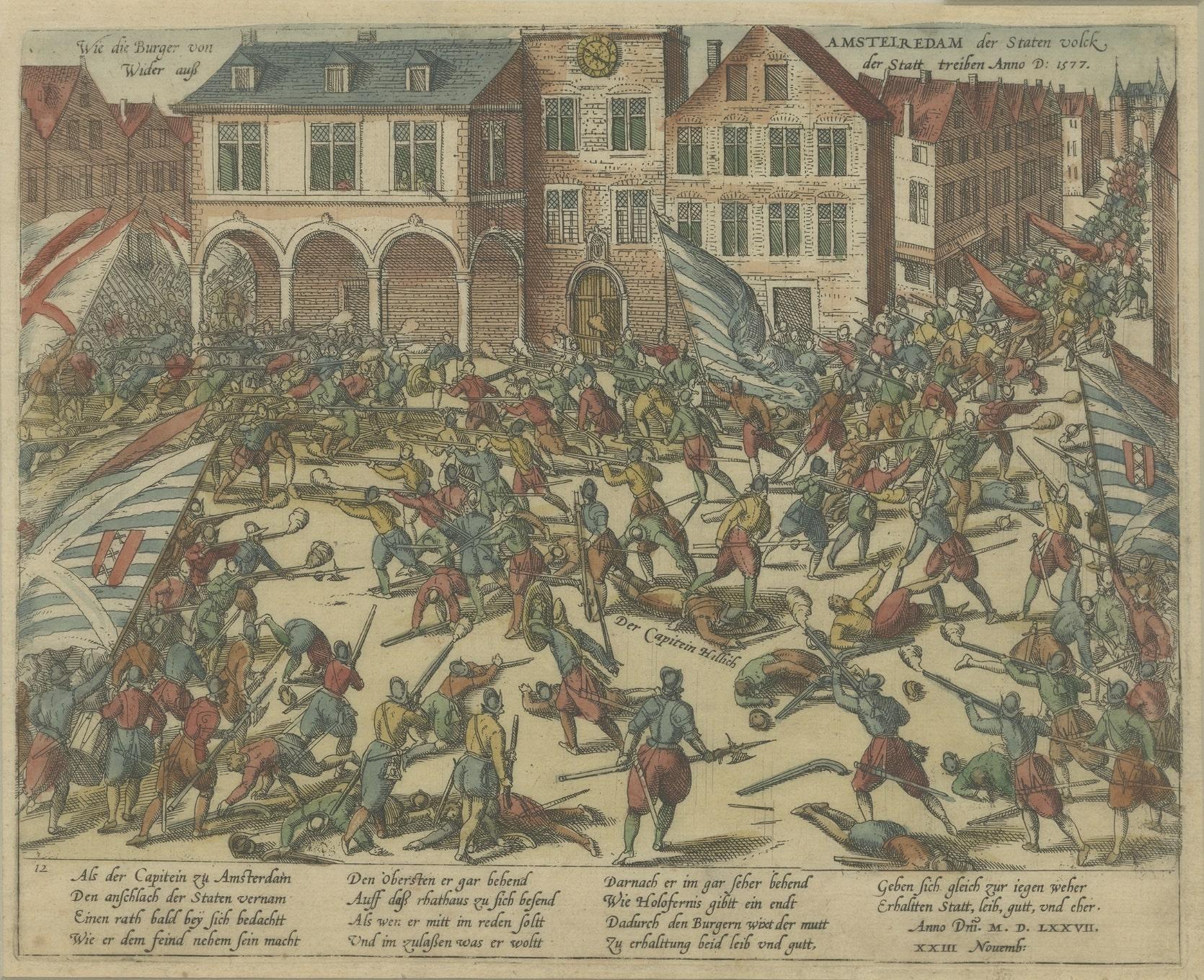 Old Print of Troops of William of Orange Battling with Amsterdam Citizens, c1580 In Good Condition For Sale In Langweer, NL
