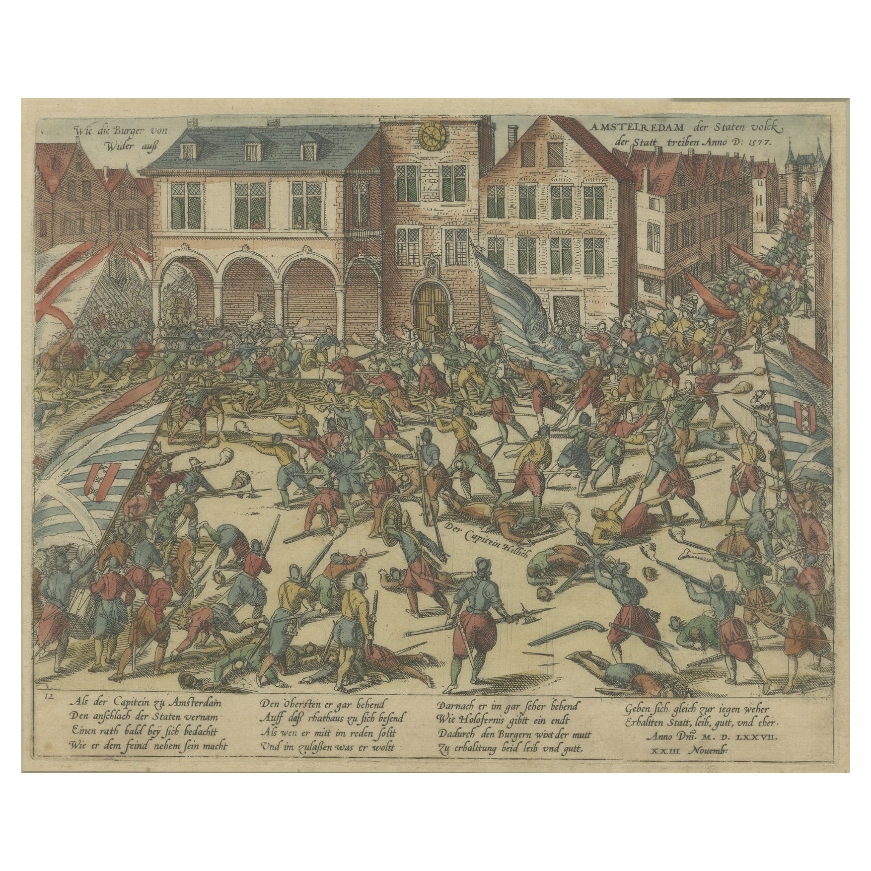 Ancienne estampe des troupes de William d'Orange combattant avec les citoyens d'Amsterdam, vers 1580