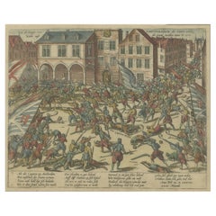 Ancienne estampe des troupes de William d'Orange combattant avec les citoyens d'Amsterdam, vers 1580