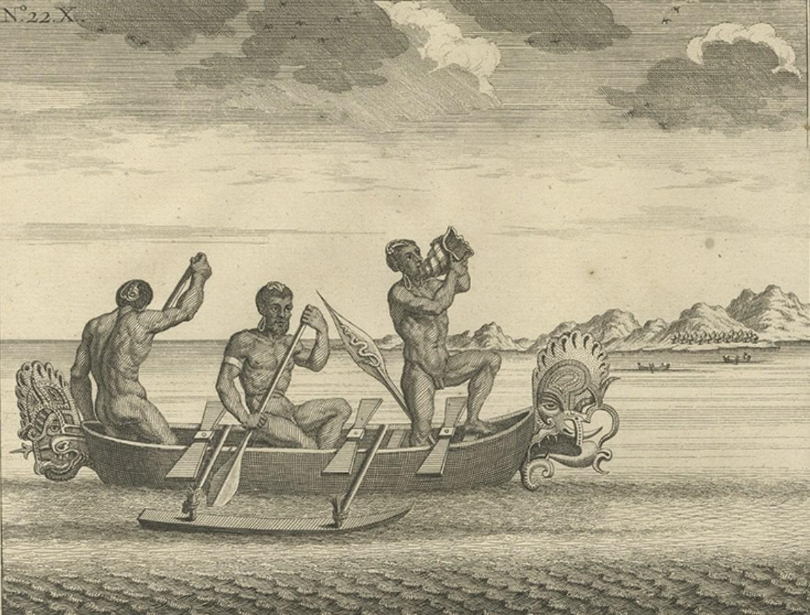 Early 18th Century Old Print of VOC Ships & Native Fisherman and Coastal Views of New Guinea, 1726 For Sale