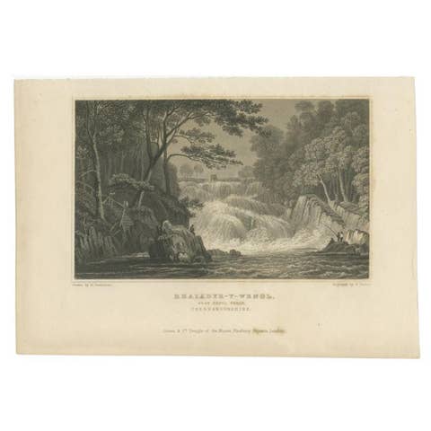 Old Print of Waterfall at Rhaeadr-y-wenol near Capel Curig, Caernarfons, Wales