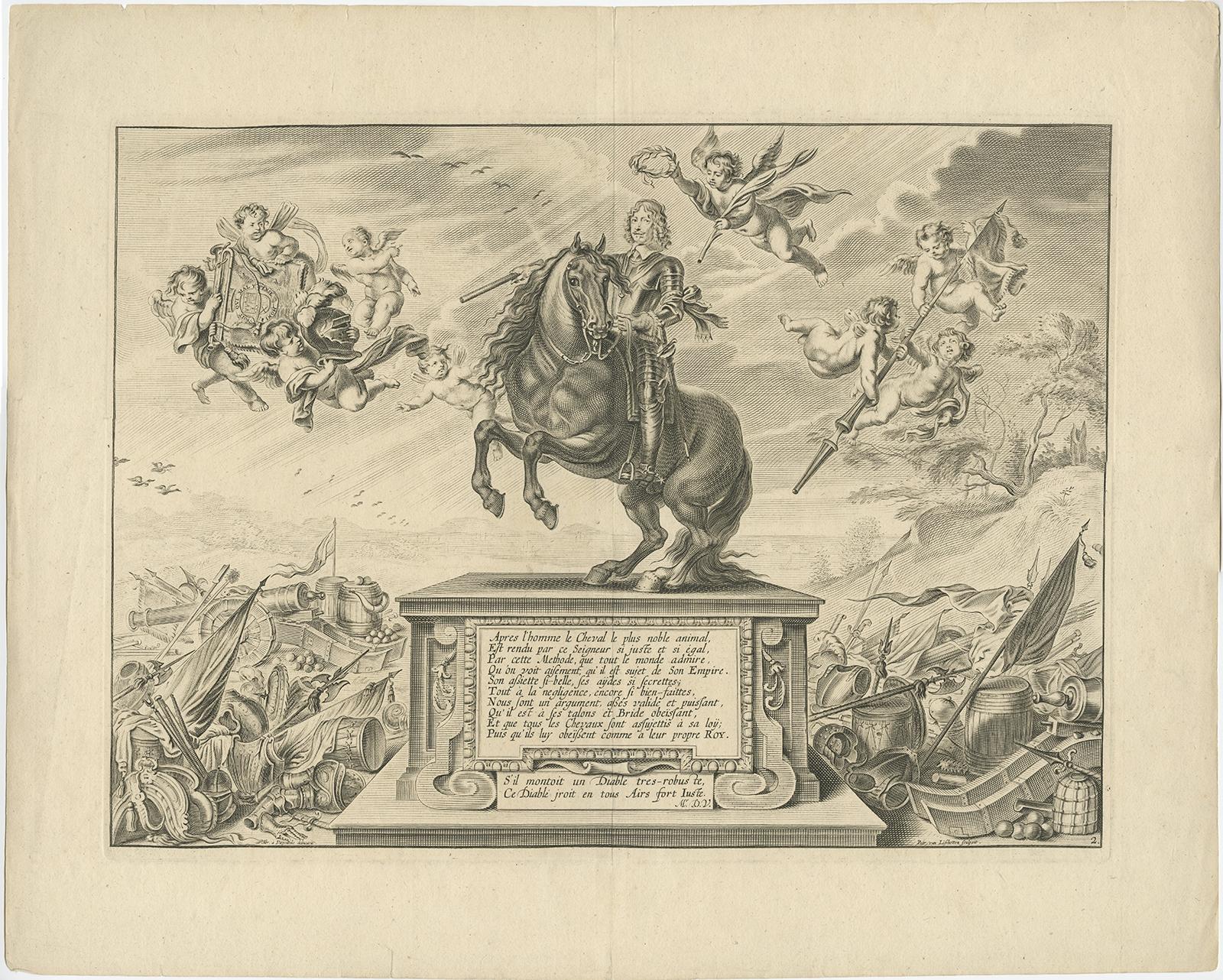Antique print titled 'Apres l'homme le Cheval (..)'. 

Antique print depicting William Cavendish, first Duke of Newcastle, on horseback on an inscribed pedestal at centre. This print originates from 'A New Method and Extraordinary Invention to