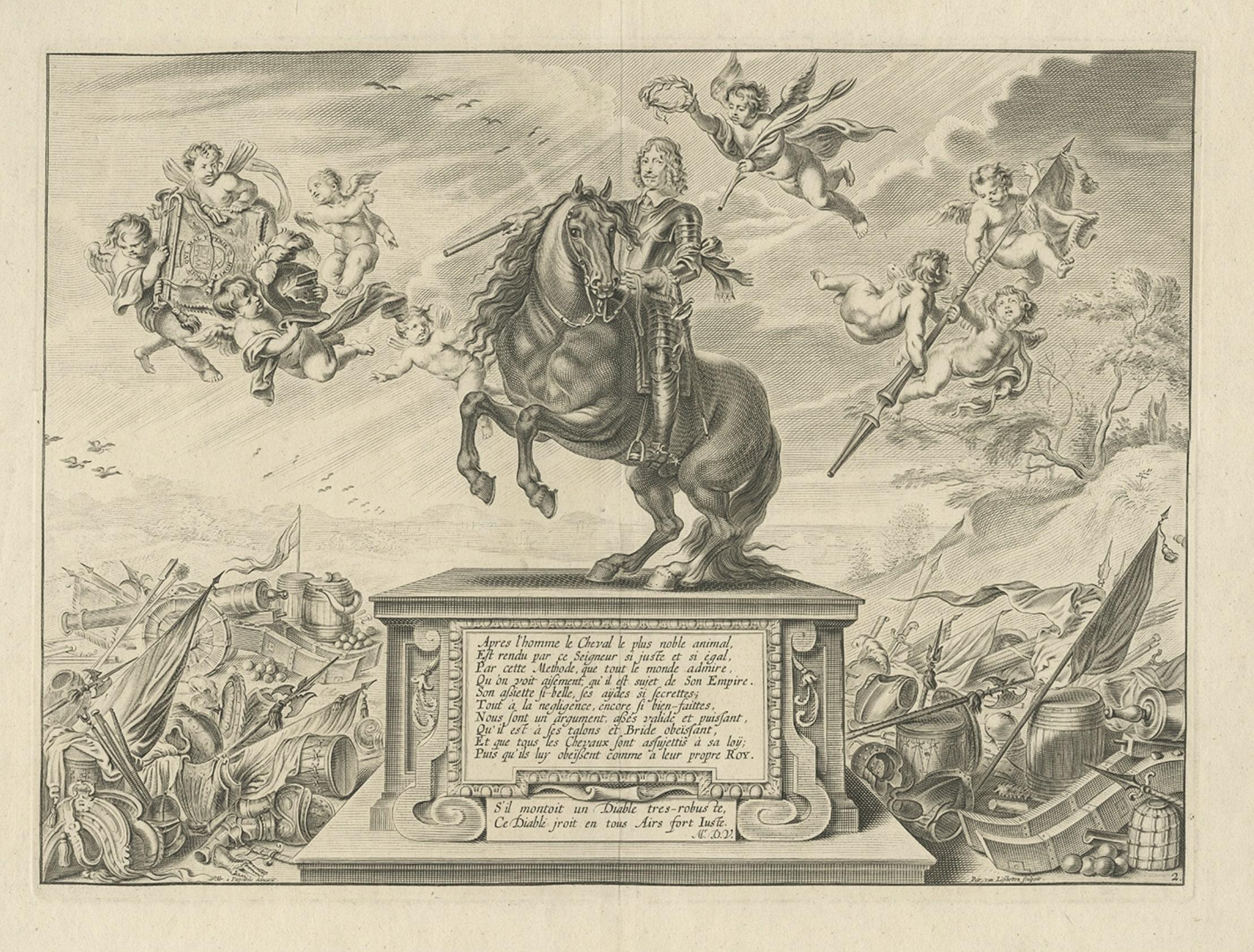 Stampa antica di William Cavendish, Primo Duca di Newcastle, a cavallo, 1740 ca. In condizioni buone in vendita a Langweer, NL