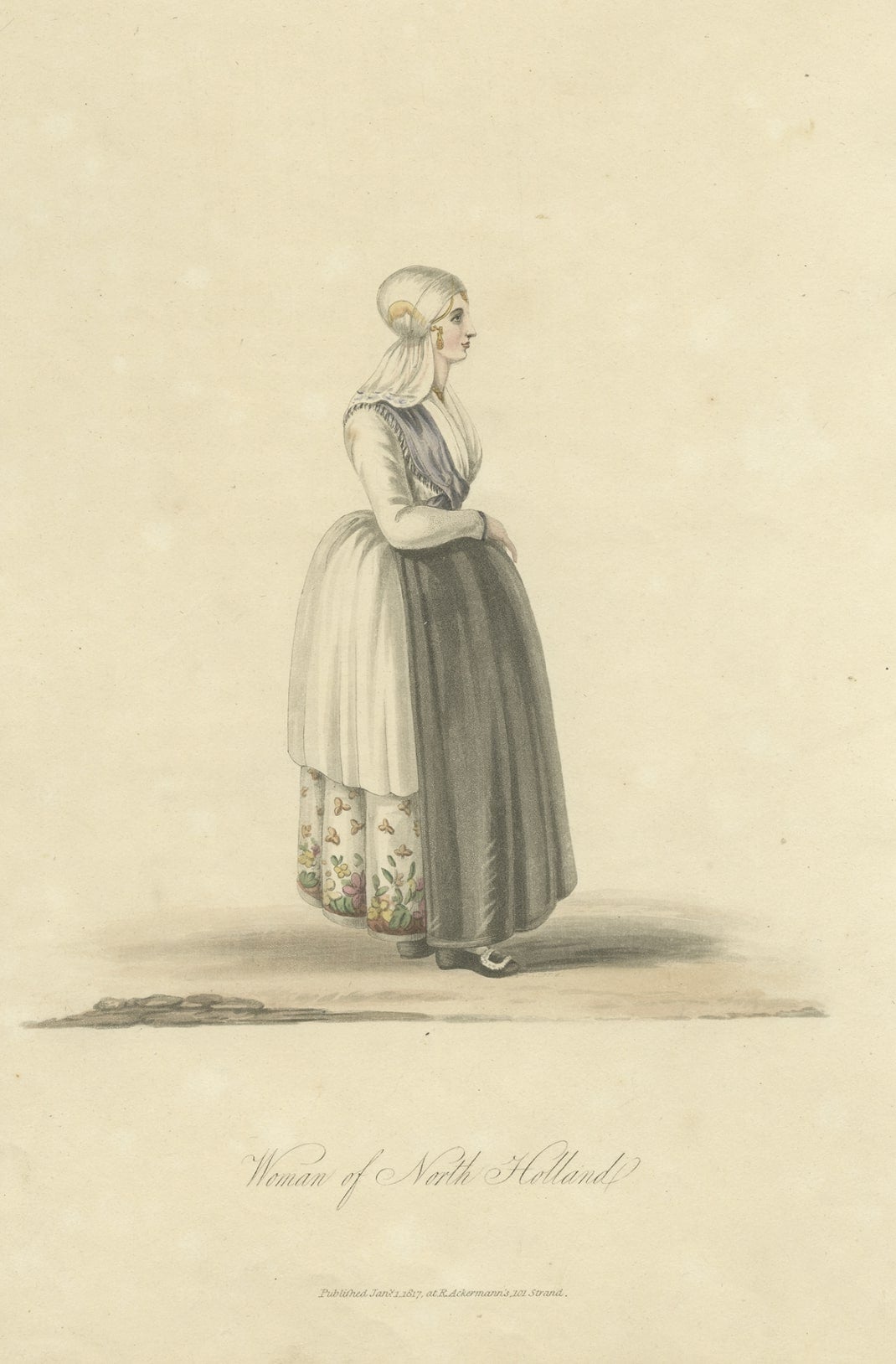 Antique costume print titled 'Woman of North Holland'. Old costume print depicting a woman of the Dutch province 'Noord-Holland'. This print originates from 'The Costume of the Netherlands displayed in thirty coloured engravings'. 

Artists and