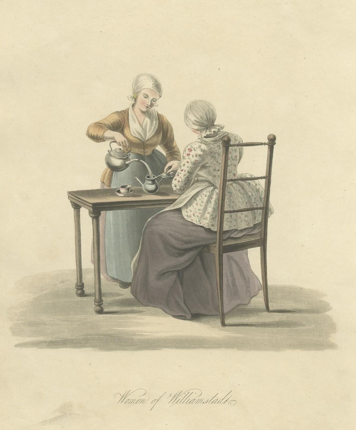 Paper Old Print of Women of Willemstad in Brabant, the Netherlands, Drinking Tea, 1817 For Sale