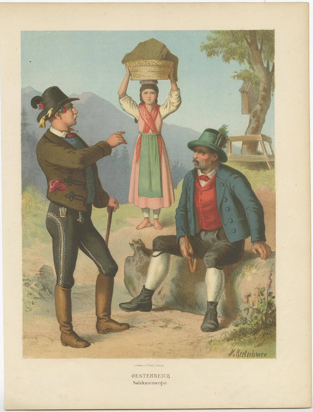 Old Print Showing the Costumes of Austria, Region Salzkammergut, 1870