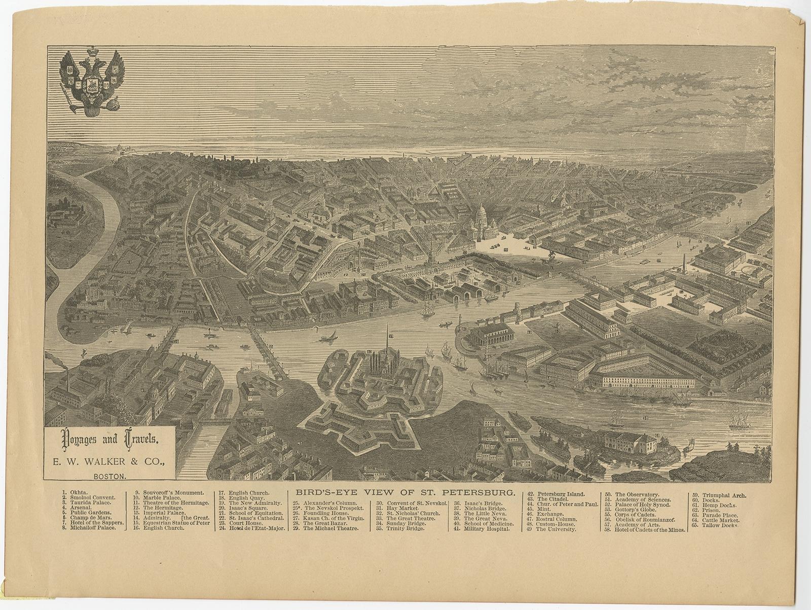 Description: Antique print titled 'Birds-Eye View of St. Petersburg'. 

Old print with a view of Saint Petersburg, Russia. Originates from 'Voyages and Travels'. 

Artists and Engravers: Published by E.W. Walker & Co, Boston. 

Condition: