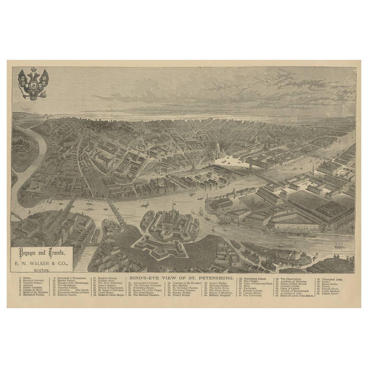 Old Print with a View of Saint Petersburg, Russia, 1887